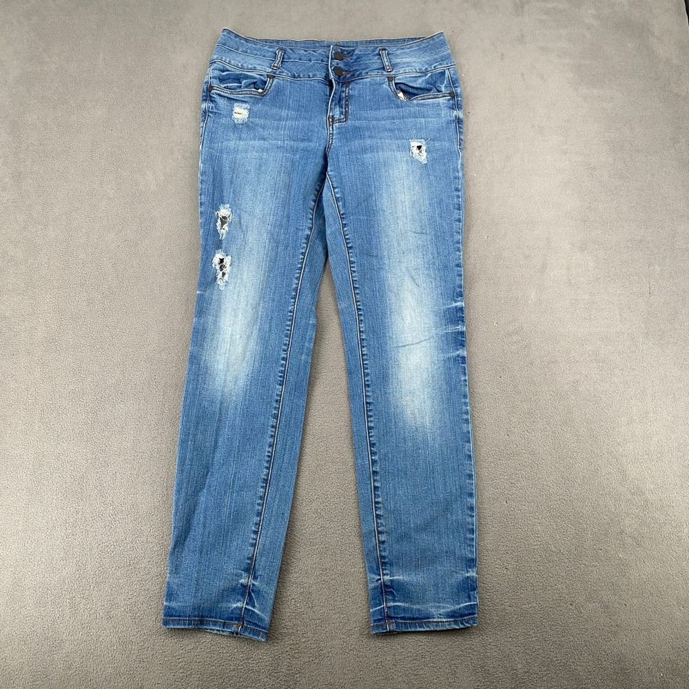 Refuge Mid Rise Skinny Jeans Womens 12 Medium Wash Distressed Denim 7693